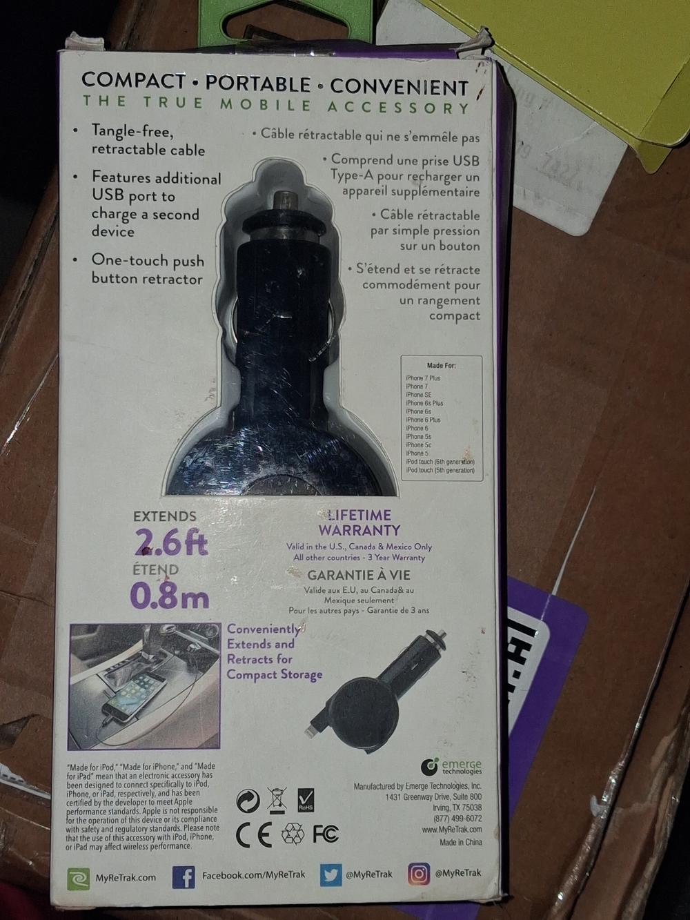 ReTrak Premier Retractable Lightning Car Charger with Extra USB Port - NIB